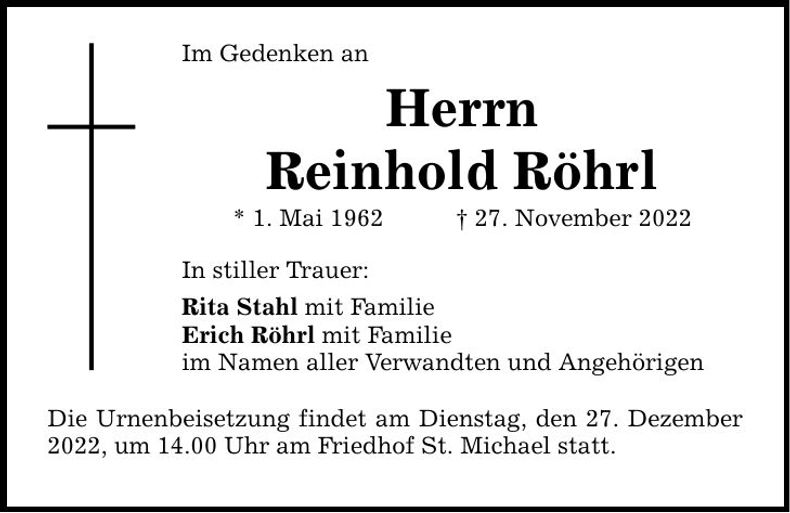 Traueranzeige Reinhold Röhrl