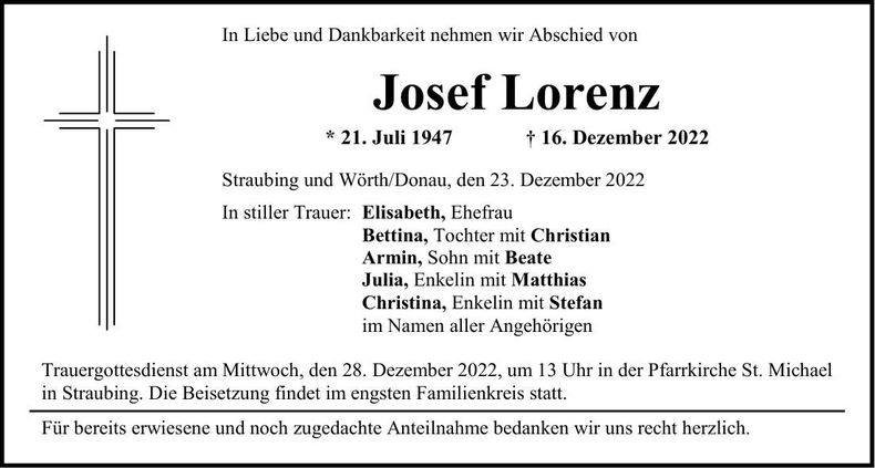 Traueranzeige Josef Lorenz