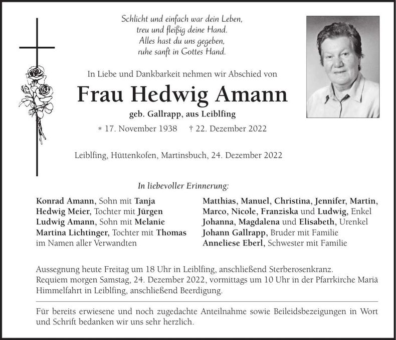 Traueranzeige Hedwig Amann