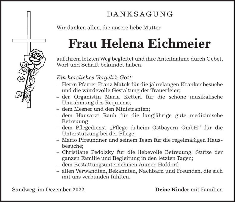 Traueranzeige Helena Eichmeier