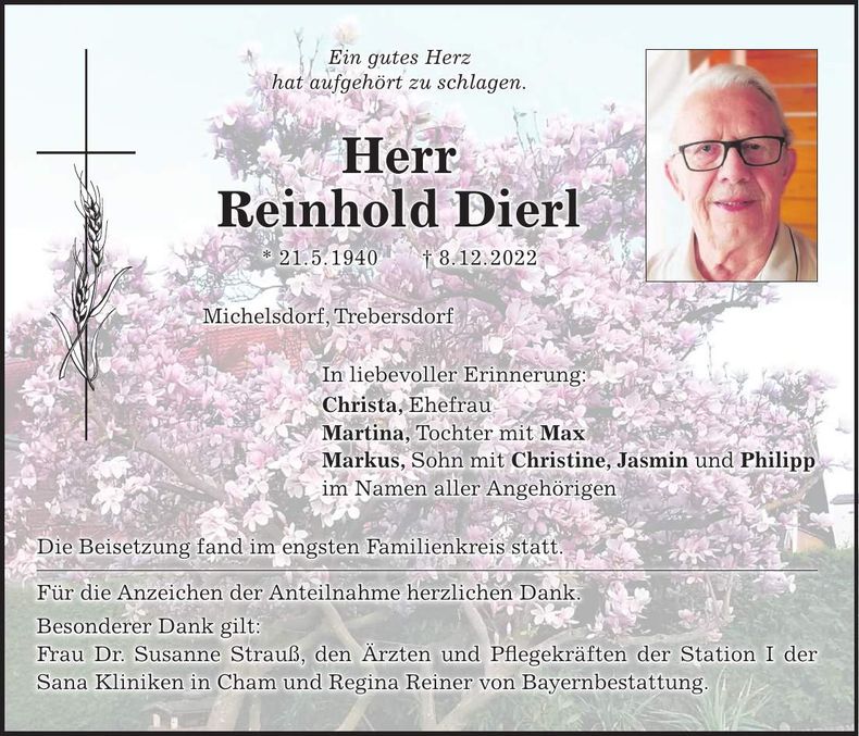 Traueranzeige Reinhold Dierl