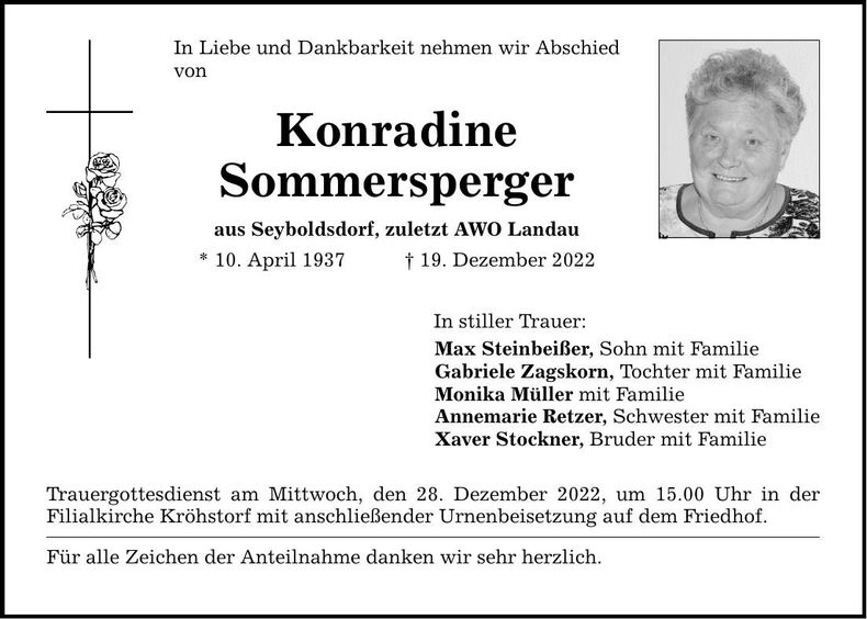 Traueranzeige Konradine Sommersperger