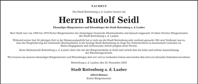 Traueranzeige Rudolf Seidl