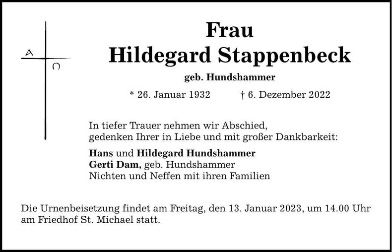 Traueranzeige Hildegard Stappenbeck