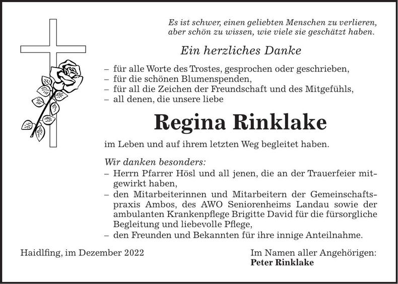 Traueranzeige Regina Rinklake