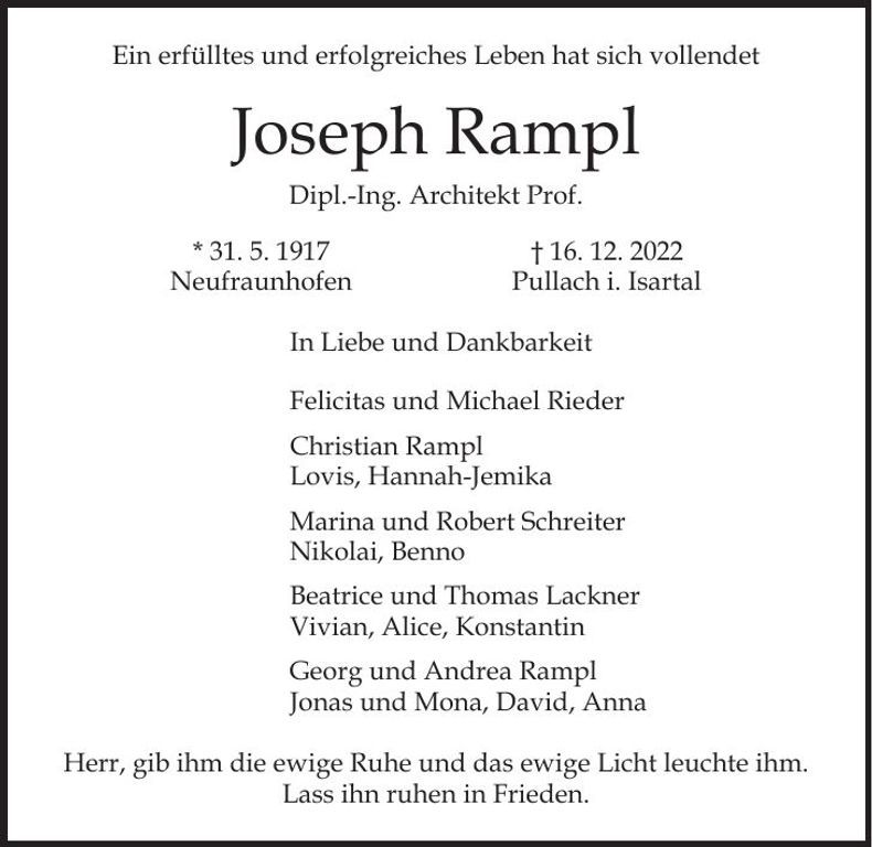 Traueranzeige Joseph Rampl