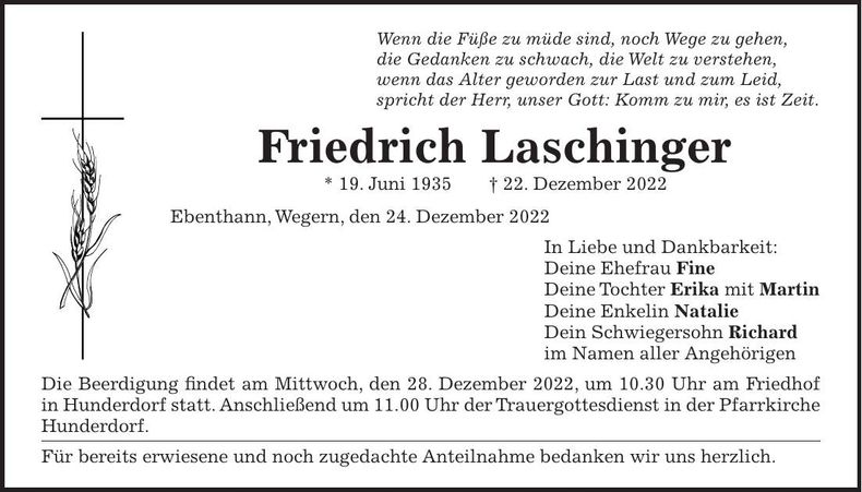 Traueranzeige Friedrich Laschinger