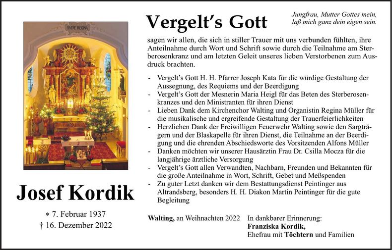 Traueranzeige Josef Kordik