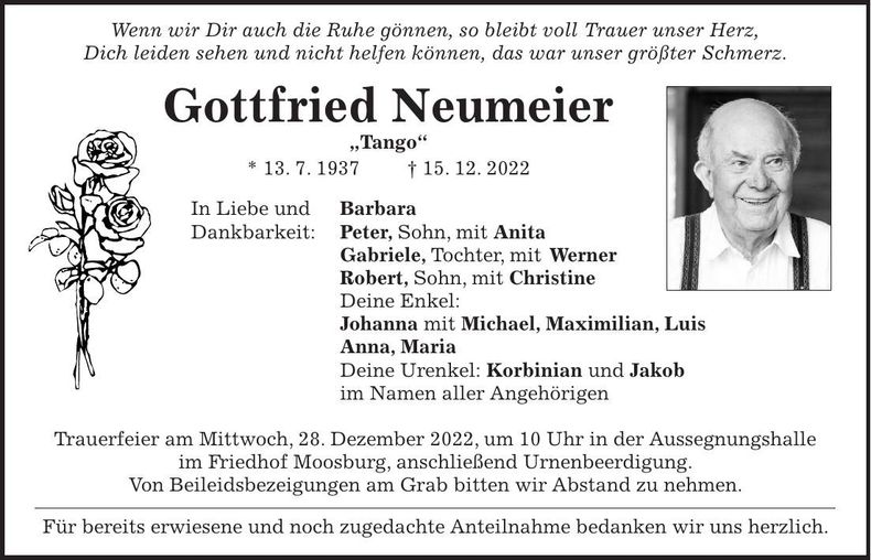 Traueranzeige Gottfried Neumeier