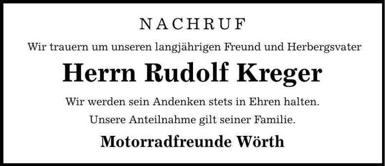 Traueranzeige Rudolf Kreger