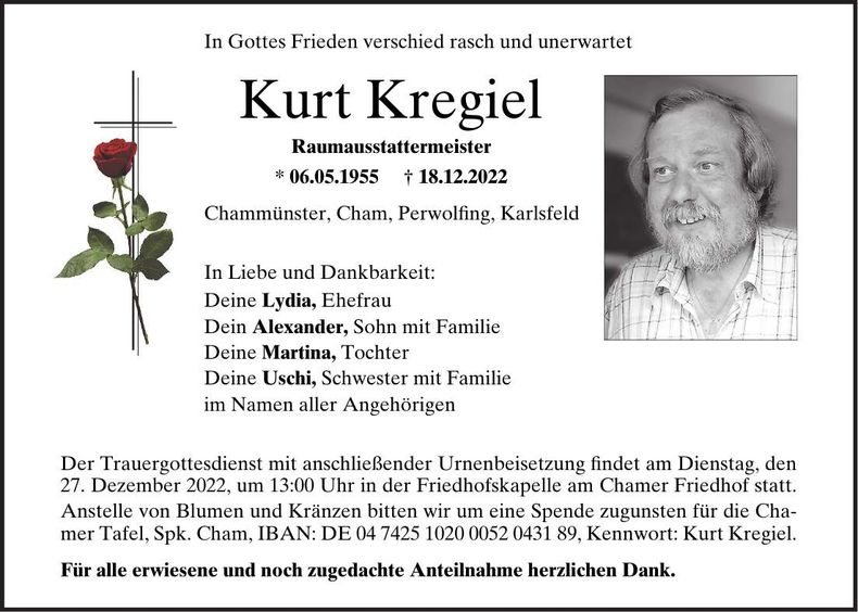 Traueranzeige Kurt Kregiel