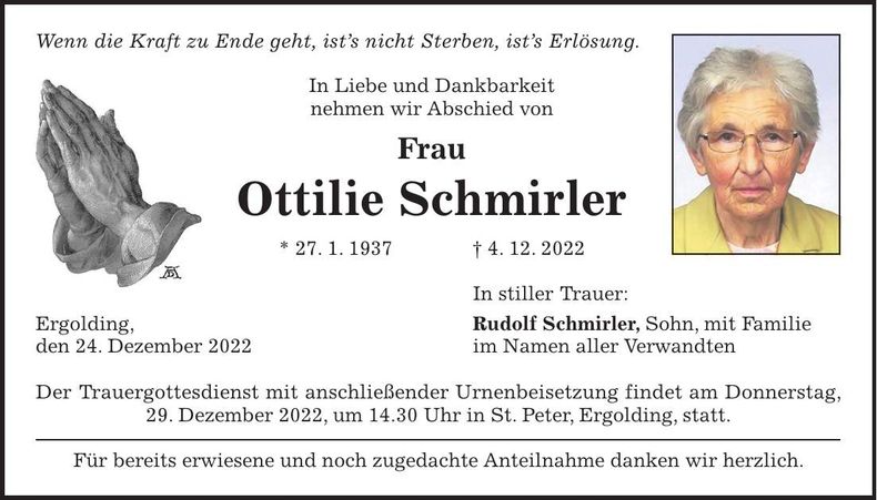 Traueranzeige Ottilie Schmirler