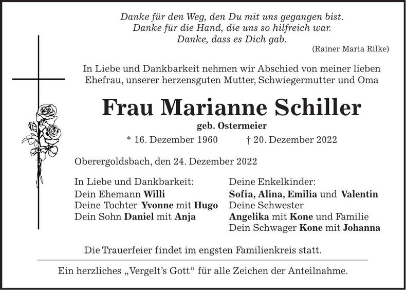 Traueranzeige Marianne Schiller