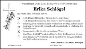 Traueranzeige Erika Schlögel