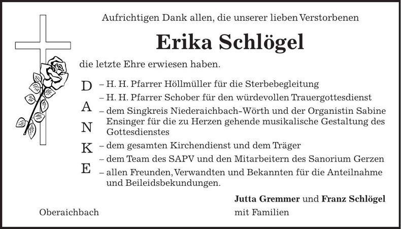 Traueranzeige Erika Schlögel