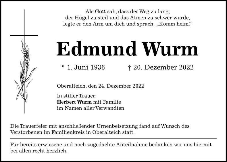 Traueranzeige Edmund Wurm