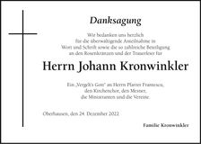 Traueranzeige Johann Kronwinkler