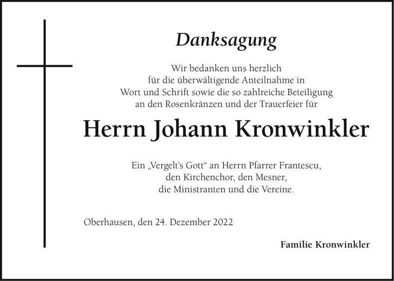 Traueranzeige Johann Kronwinkler