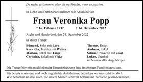 Traueranzeige Veronika Popp