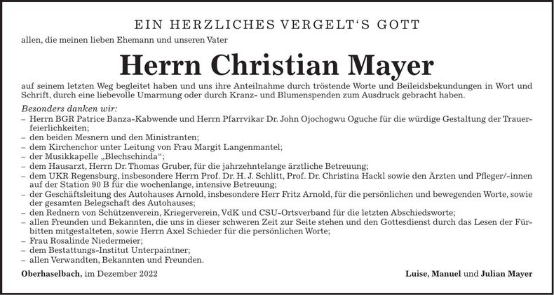 Traueranzeige Christian Mayer