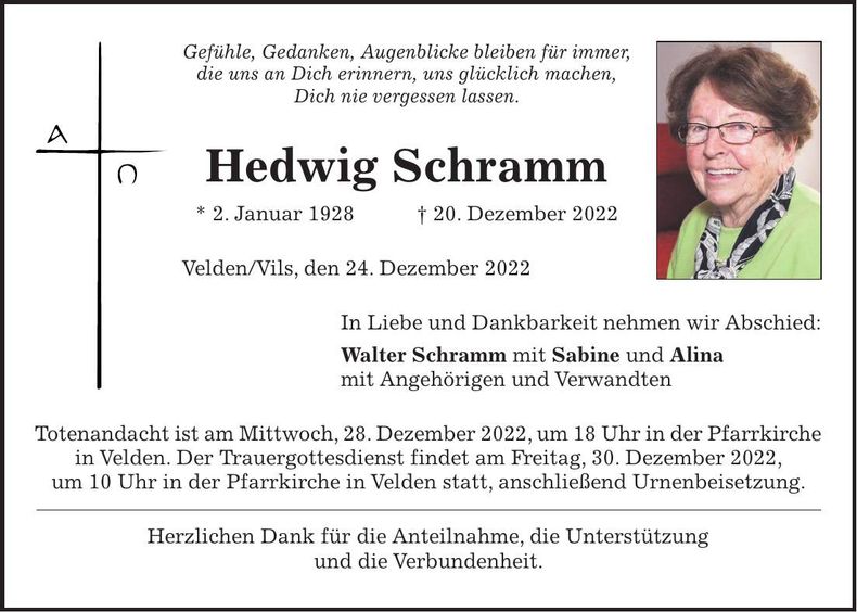 Traueranzeige Hedwig Schramm