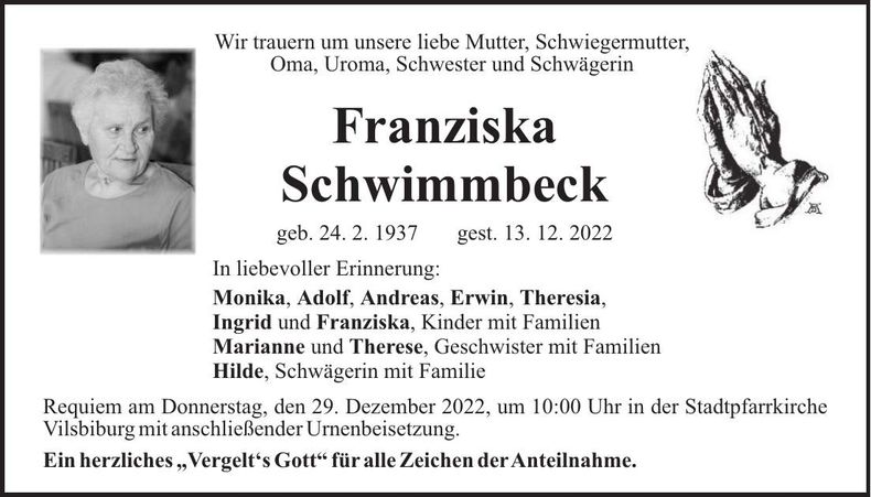Traueranzeige Franziska Schwimmbeck