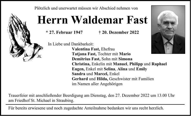 Traueranzeige Waldemar Fast