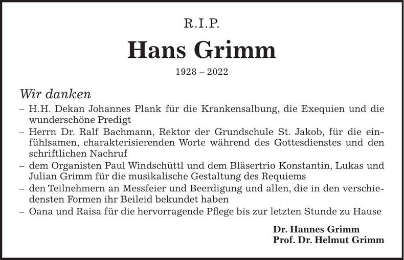 Traueranzeige Hans Grimm