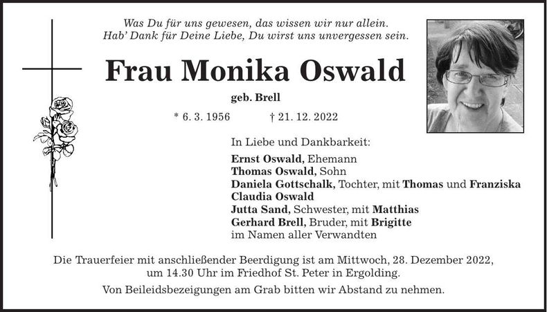 Traueranzeige Monika Oswald