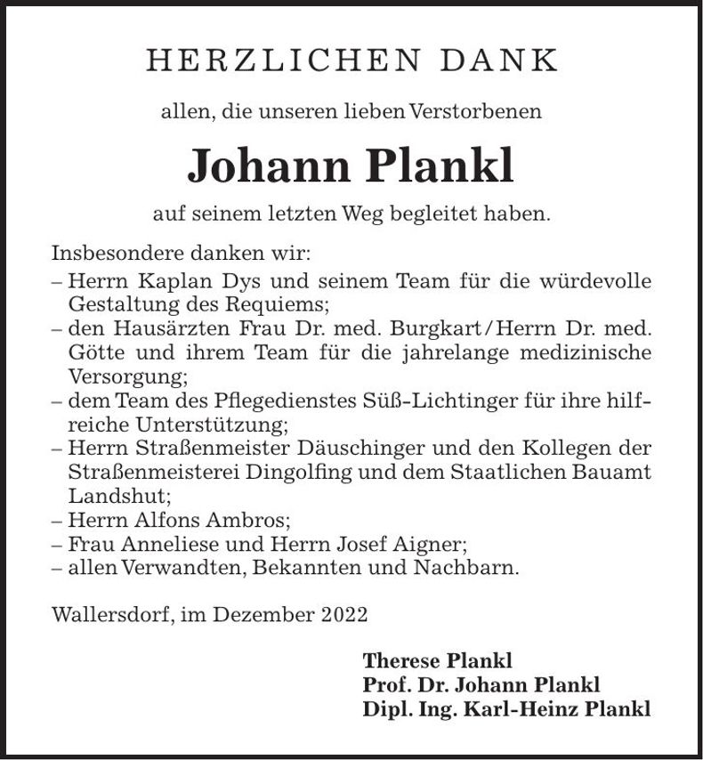 Traueranzeige Johann Plankl