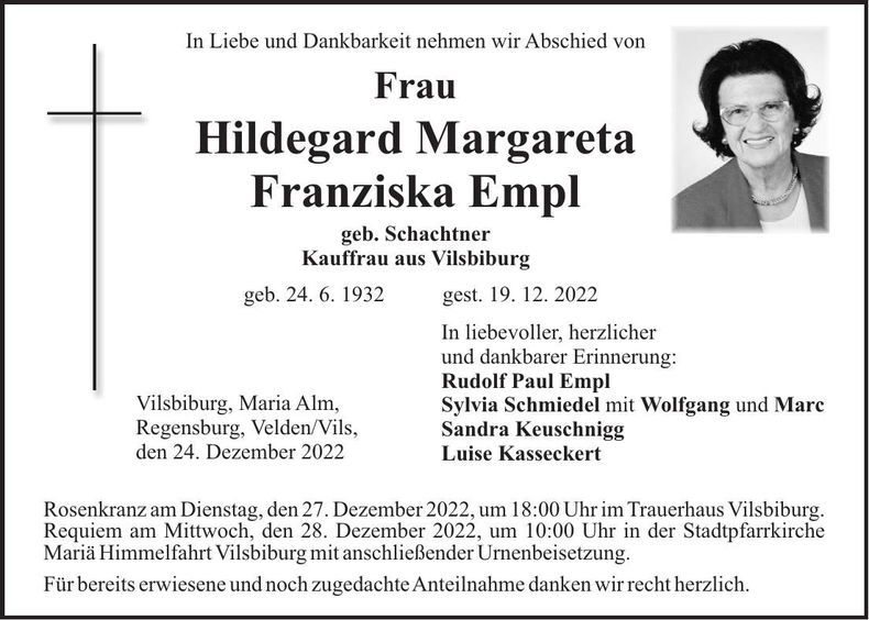 Traueranzeige Hildegard Empl