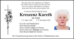 Traueranzeige Kreszenz Kareth