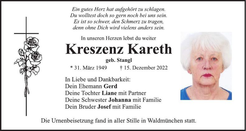 Traueranzeige Kreszenz Kareth