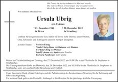 Traueranzeige Ursula Ubrig