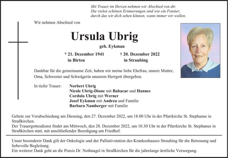 Traueranzeige Ursula Ubrig
