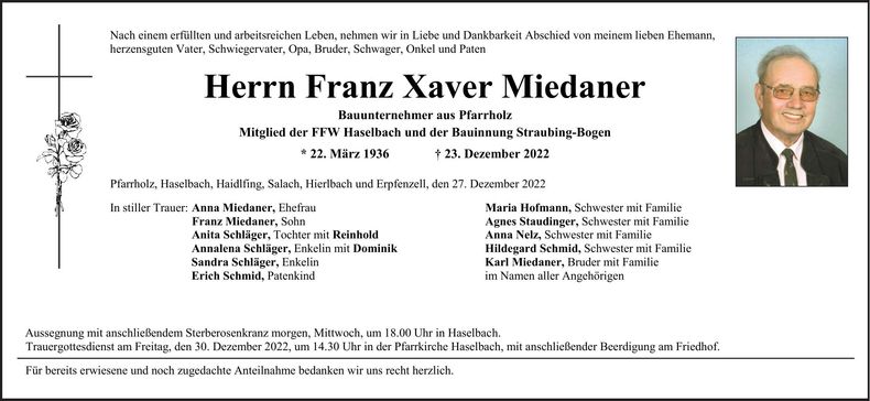 Traueranzeige Franz Xaver Miedaner