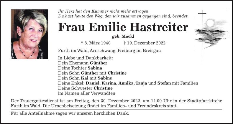 Traueranzeige Emilie Hastreiter