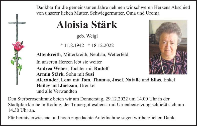 Traueranzeige Aloisia Stärk