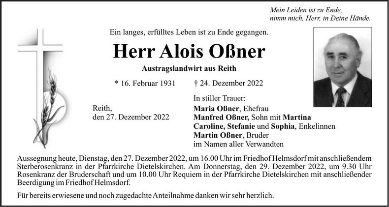 Traueranzeige Alois Oßner