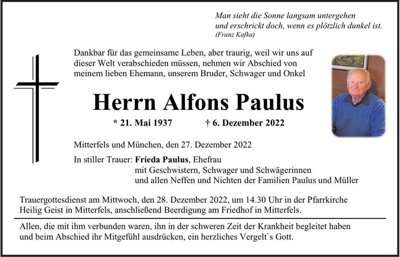 Traueranzeige Alfons Paulus
