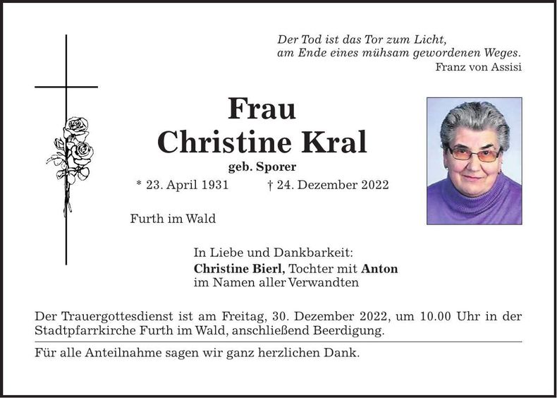 Traueranzeige Christine Kral