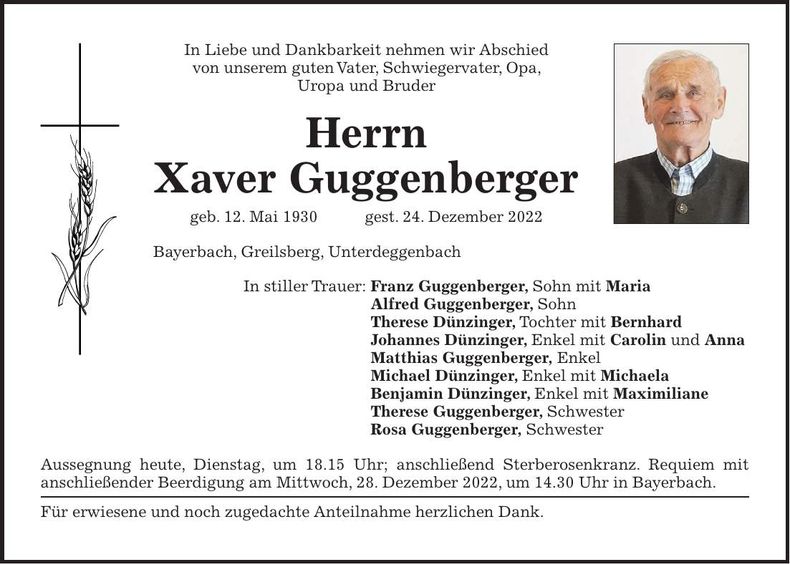 Traueranzeige Xaver Guggenberger