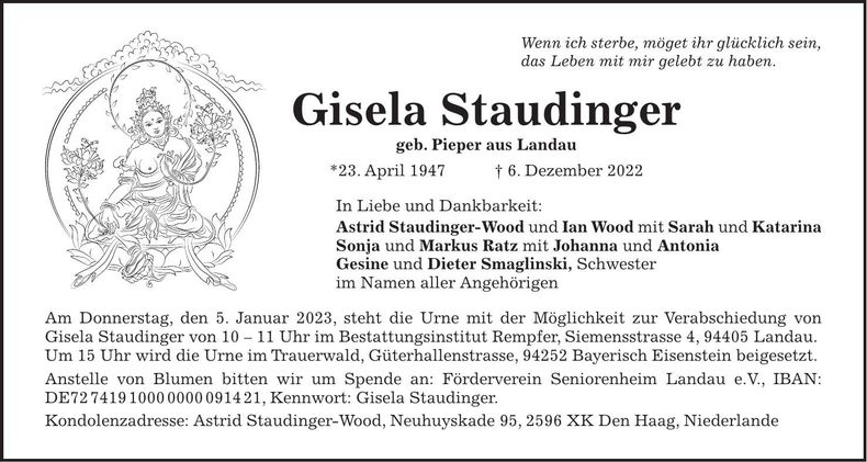 Traueranzeige Gisela Staudinger