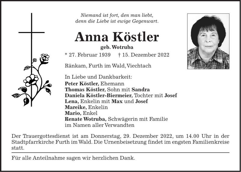 Traueranzeige Anna Köstler