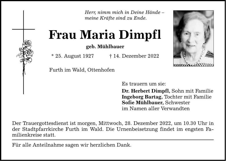 Traueranzeige Maria Dimpfl