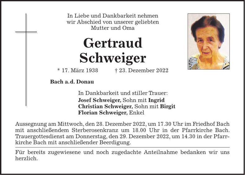Traueranzeige Gertraud Schweiger