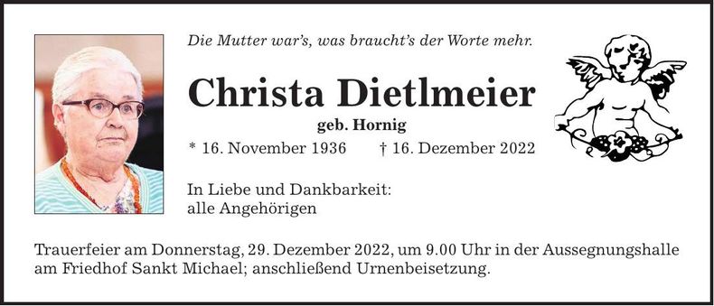 Traueranzeige Christa Dietlmeier