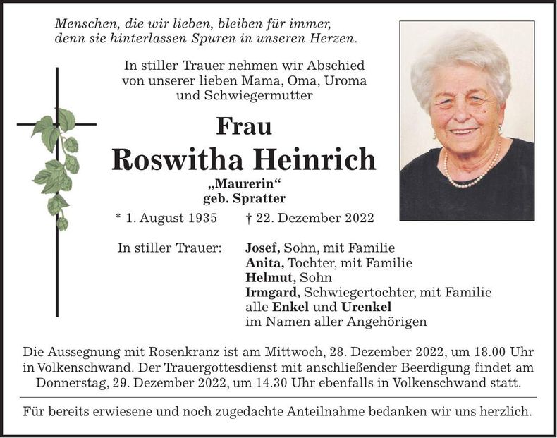 Traueranzeige Roswitha Heinrich