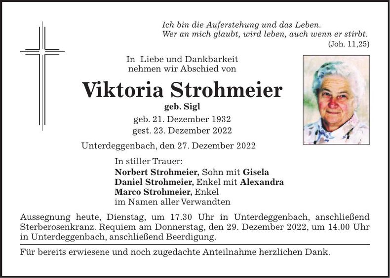 Traueranzeige Viktoria Strohmeier