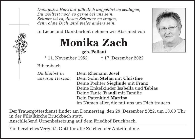 Traueranzeige Monika Zach